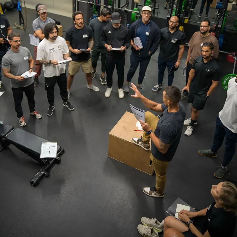 Coaches gathered around an instructor at a live OPEX course